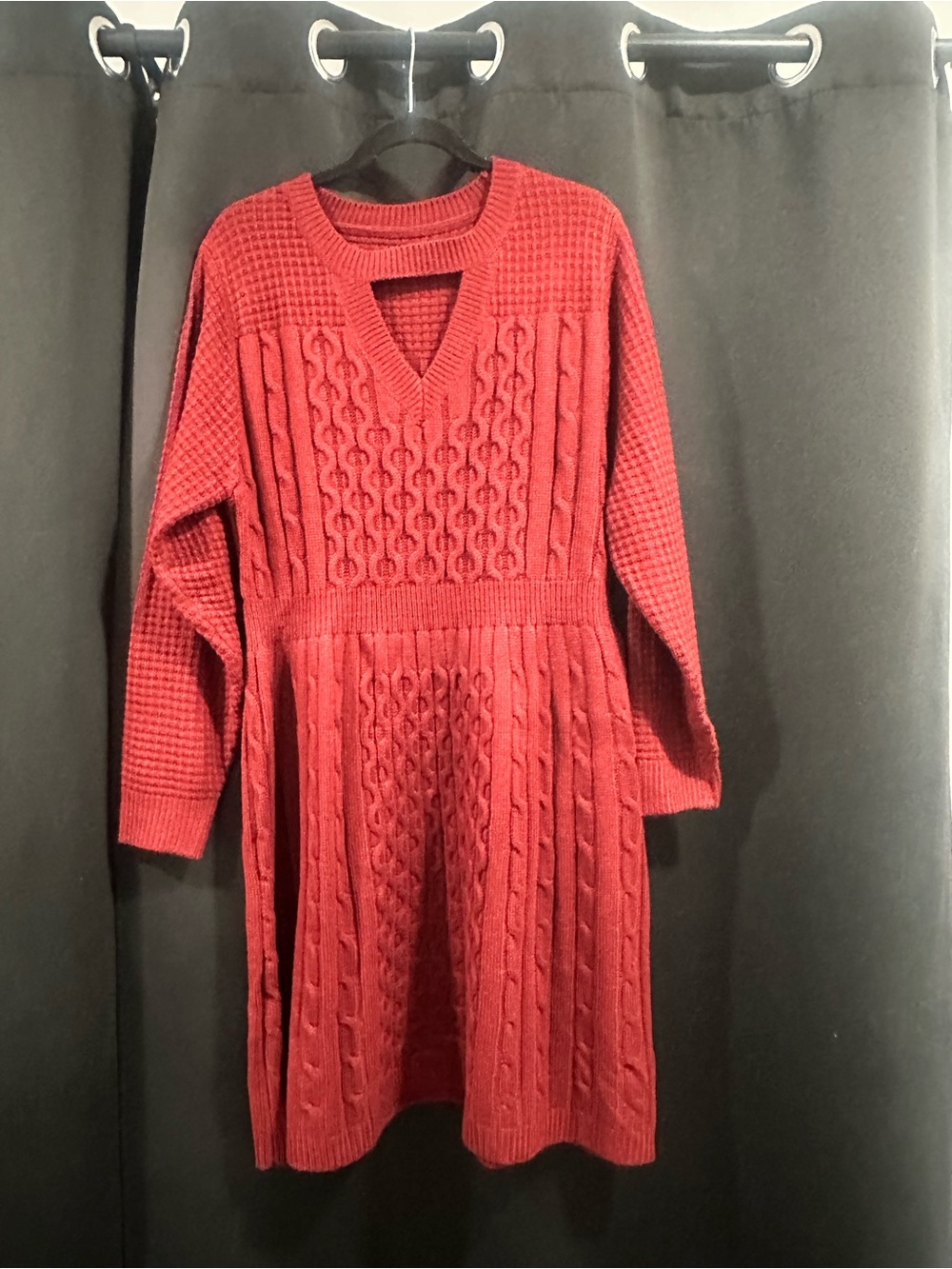 BloomChic Red Cable-Knit V-Neck Sweater Dress